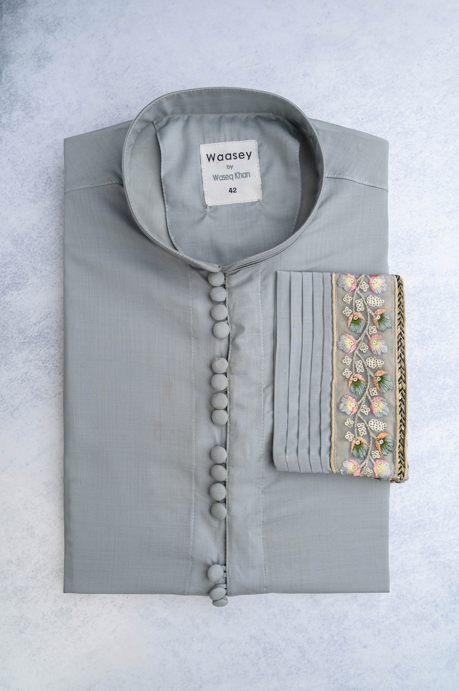 Silver Panjabi with Intricate Embroidery Work